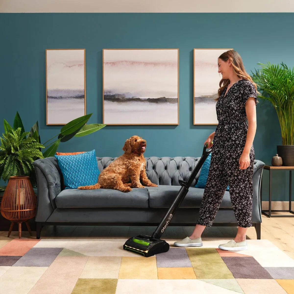 Lady vacuuming up dog hair with AirRAM 2 Pet cordless vacuum with a dog sitting on the sofa
