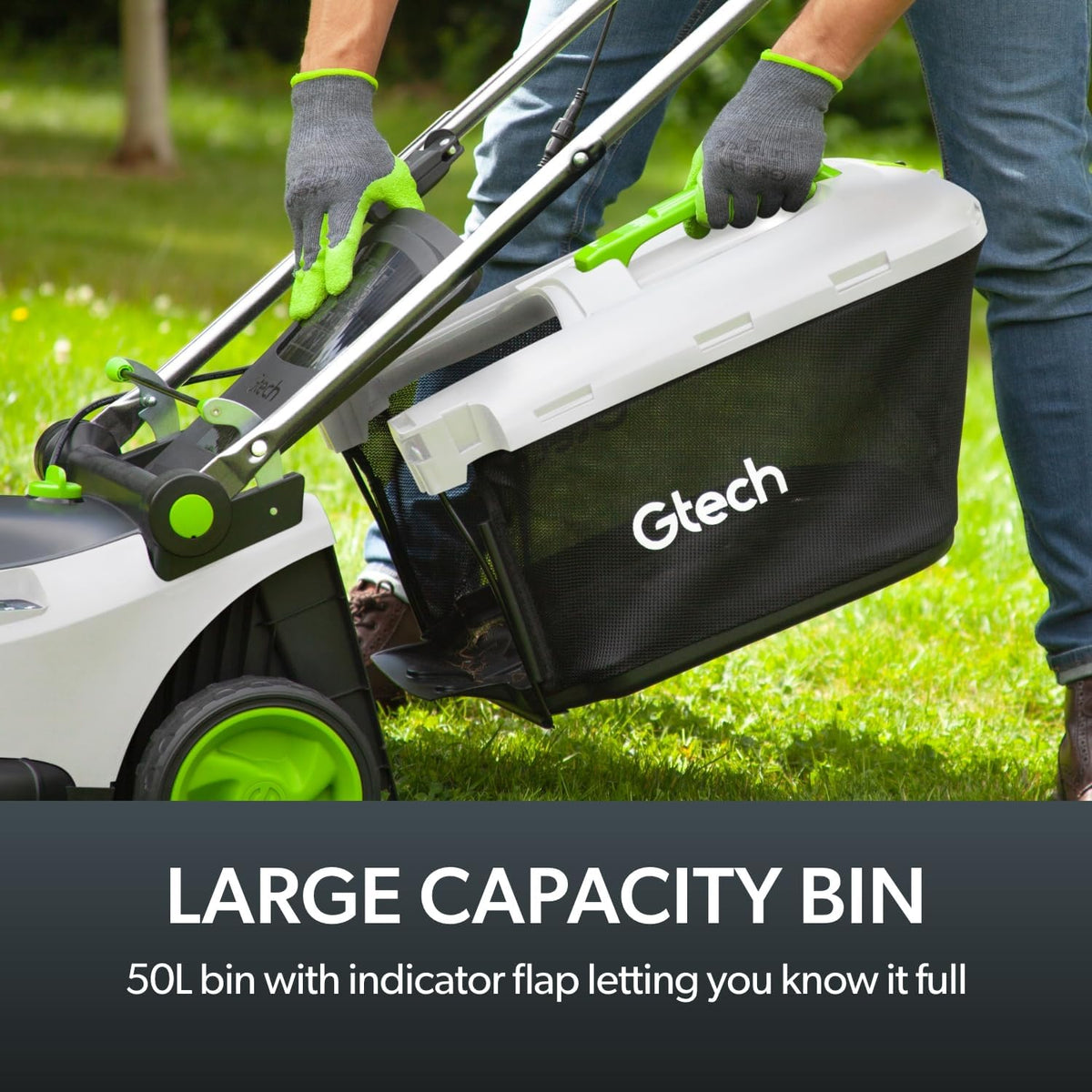 Gtech cordless lawn mower with large capacity bin on grass