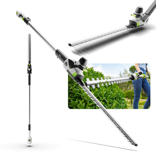 Person using Gtech HT50 rechargeable hedge cutter on tall yard hedge